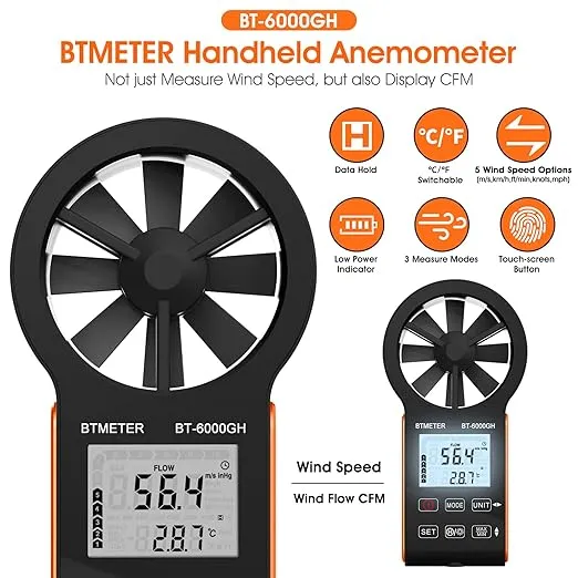 BTMETER Anemometer CFM Wind Meter, Air Flow Gauge Measure Wind Speed 0.3~30m/s, Monitor Airflow Volume 0-999900 ft3/min for HVAC Duct Air Vent, Touch-Screen Windometer 6000GH