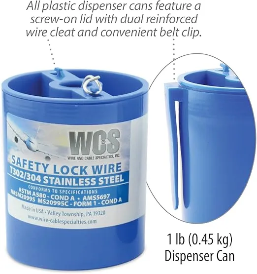 Lock Wire, T302/304 Stainless, NASM20995, MS20995C, ASTM A580 Cond A, AMS5697, .032 in (0.81 mm), 1 lb (0.45 kg) Dispenser Can, approx. 362 ft (110 m)