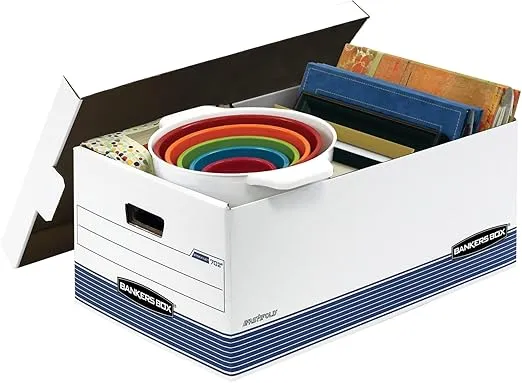 Bankers Box 12 Pack STOR/FILE Medium-Duty File Storage Boxes, FastFold, String and Button, Legal, White/Blue