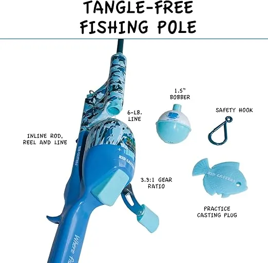 Kid Casters Tangle-Free Fishing Combo | Spincast Reel & Practice Casting Plug with Bobber | 34" Tangle-Free Combo | Pre-spooled 6-lb Line | Blue