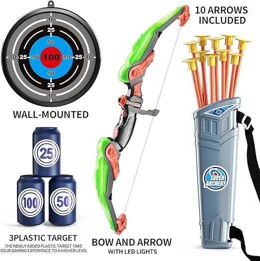 TEMI Bow and Arrow for 3 4 5 6 7 8 9 10 Year Old Kids Boys, LED Light Up Archery Toy with 10 Suction Cup Arrows, 4 Target & Quiver, Indoor Outdoor Activity Toys, Birthday Gift Toys for Kids Boys Girls