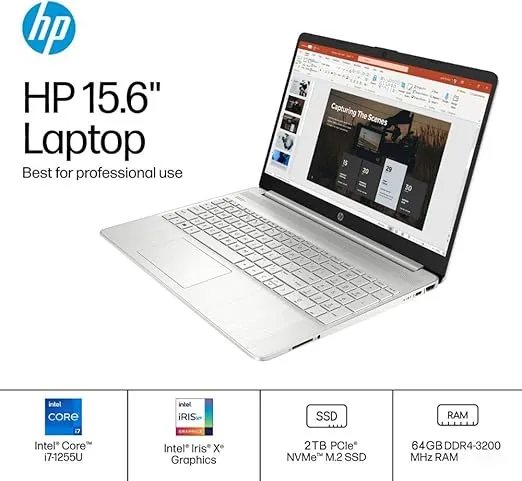 HP Business Laptop, 15.6" FHD Touchscreen, 64 GB RAM, 2 TB SSD, Intel 10-Core i7-1255U Processor, Long Battery Life, HD Camera, HDMI, Windows 11 Pro