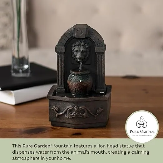 Pure Garden 50-LG5069 Tabletop Water Fountain-Classic Lion Head Polyresin Indoor Waterfall, Electric Pump and Soothing Sounds for Office and Home Décor, Dark Gray and Rust