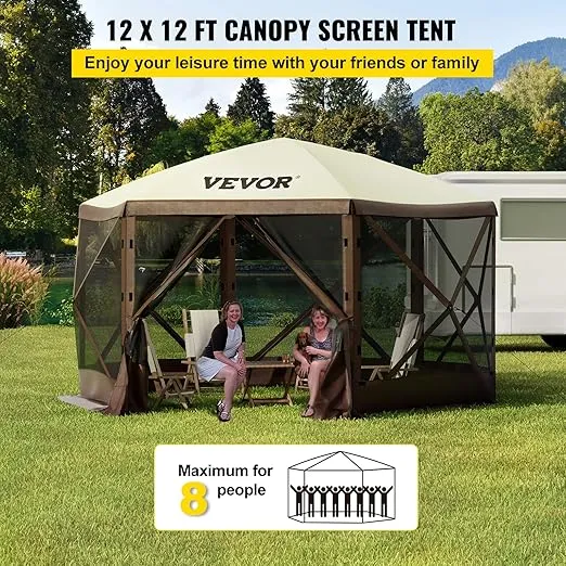 VEVOR 12x12ft Camping Gazebo Screen Tent,6 Sided Easy SetUp Portable Outdoor Camping Pop Up Canopy Shelter with Mesh Windows,Portable Carry Bag,Stakes,Large ShadeTents for Lawn & Backyard, Brown/Beige