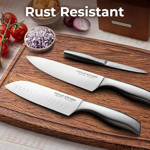Zulay 15 Piece Stainless Steel Knife Set with Block and Sharpener - Sharp Knife Block Set with Built In Sharpener - Kitchen Knife Set With Block - Rust Proof Knife Set Stainless Steel