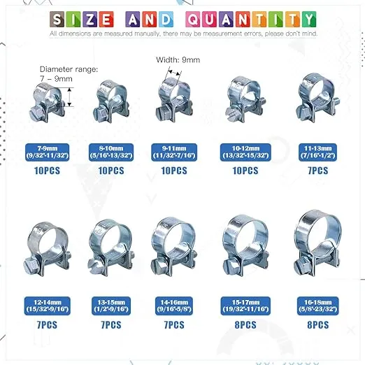 Glarks 84Pcs 10 Size Mini Fuel Injection Style Hose Clamp Assortment Kit for Diesel Petrol Pipe