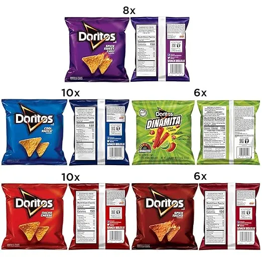 Doritos Tortilla Chips, 5 Flavor Variety Pack, Single Serve Bags (40 Pack), Nacho Cheese, Cool Ranch, Spicy Nacho, Dinamita, Spicy Sweet Chili