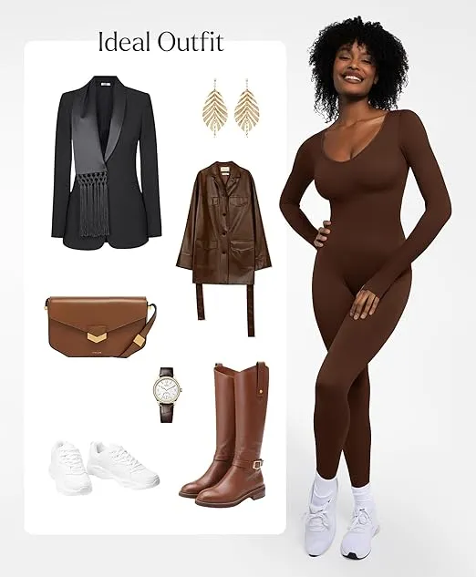 Popilush Long Sleeve Jumpsuit for Women Built-in Bra Ribbed U Neck Tummy Control Full Length Bodycon Workout Fall Outfits