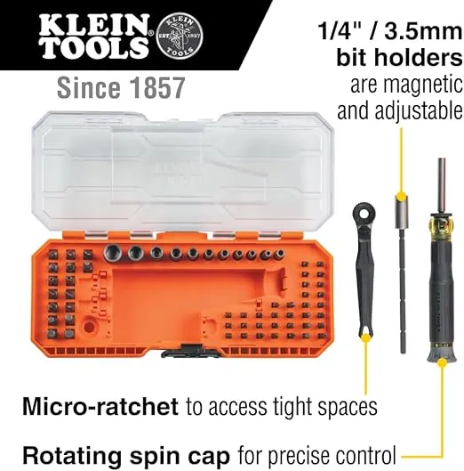 Klein Tools 32787 64-Piece Micro-Ratchet Bit Precision Driver Set with Modular Case, Magnetic, Precision, Standard Bits and Nut Drivers