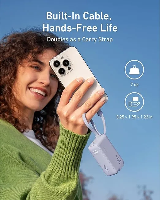 Anker 3-in-1 Power Bank, 5,000mAh Portable Charger with Built-in Lightning Cable and Foldable AC Plug, 30W Max Compact Battery Pack, for iPhone 14 Series, Galaxy, MacBook, and More