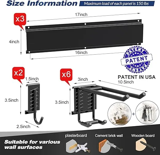 Garage Tool Storage Rack, Heavy Duty Garage Storage Organizer Rack System,Wall Mounted Tool with 8 double hooks, 3 rails, Garden Yard Tools Hanger Rack for Ski Gears,Broom, Rake,Shovel