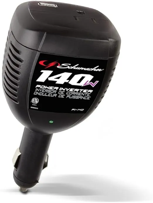 Schumacher ‎PI-140 Analog Power Inverter for Cars, 140W with AC and USB Power Ports, Black