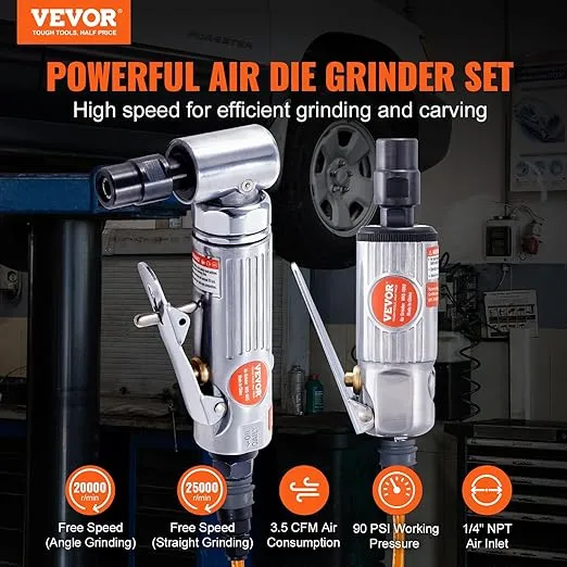 VEVOR Air Die Grinder Kit, Right Angle Grinder w/Die Grinder Combo & 10PCS Single Cut Carbide Burr Set, Lightweight, Ball Bearing Construction for Grinding, Deburring, Cutting, Polishing