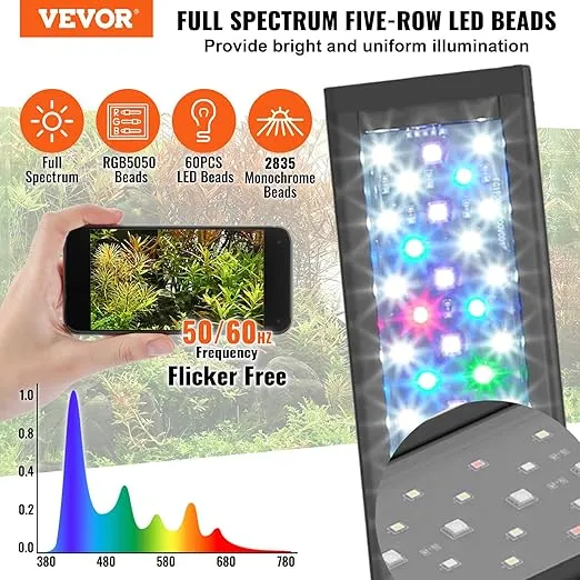 VEVOR Aquarium Light, 14W Full Spectrum Fish Tank Light with 24/7 Natural Mode, Adjustable Timer & 5-Level Brightness, with Aluminum Alloy Shell Extendable Brackets for 12"-18" Freshwater Planted Tank