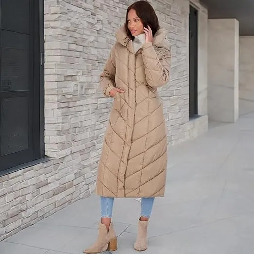 Steve Madden Women's Long Chevron Maxi Puffer Coat