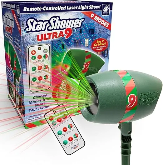 Star Shower Ultra 9 2024 Holiday Projector, AS-SEEN-ON-TV, Fast & Easy Way to Decorate Your Home, Laser Modes, Projects Thousands of Green and Red Lights, No Ladders or Hanging, Remote Control