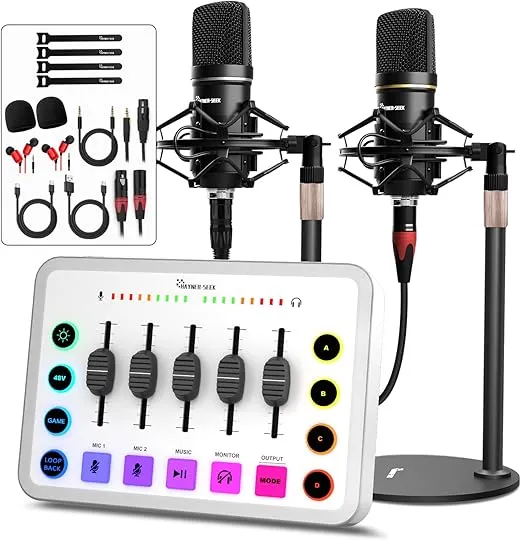 Podcast Equipment Bundle for 2, Streaming Audio Interface with 5 Channel, XLR Microphone Interface, RGB,48V Phantom Power, Perfect for Game,Podcast,Record,TikTok-White