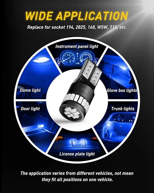 AUXITO 194 LED Light Bulb Blue 168 2825 W5W T10 Wedge 24-SMD 3014 Chipsets LED Replacement Light Kit Error Free for Car Interior Dome Map Door License Side Marker and Cornering Lights, Pack of 10