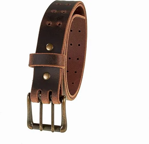 Men’s Classic Leather Belt, Double Prong Retro Style, Antique Brass Buckle, 1 ½” Width, Amish handmade in the USA