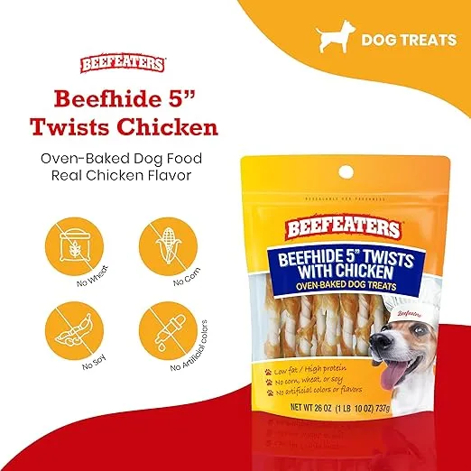 Beefeaters Dog Treats - Beefh 5in Twist with Chicken 26oz | Dog Food High Protein, Low Fat, Enriched with Vitamins & Minerals | Promotes Clean Teeth | Dog Training Treats for All Dog Sizes