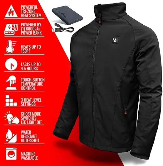 ActionHeat Mens Heated Jacket for Hunters, Skiers, Campers Soft Shell Machine Wash Heats up to 150 Degrees up to 6 Hrs Black L