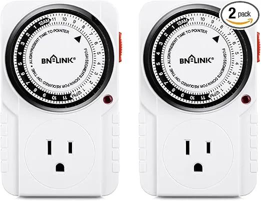 BN-LINK 24 Hour Plug-in Mechanical Timer Grounded for Aquarium, Grow Light, Hydroponics, Indoor Lighting, Home Appliances, ETL Listed 125VAC, 60 Hz, 1875W, 15A, 1/2HP (2 Pack)