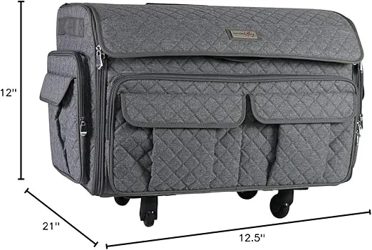 Everything Mary XXL Rolling Sewing Tote, Heather Grey - Rolling Carrying Storage Cover Case Compatible with Large Brother and Singer Machines - Universal Travel & Craft Tote Bag