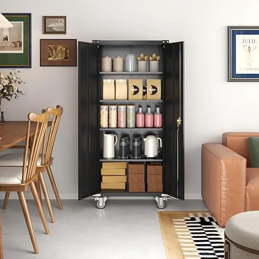 Metal Cabinet with Wheels, Roling Storage Cabinet with Doors/Shelves,72'' Steel Lockable Storage Cabinet, Tall Tool Cabinet on Wheels for Office, Home, Storage, Assembly Required(Black)