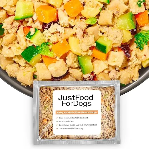 JustFoodForDogs Frozen Fresh Dog Food, Complete Meal or Dog Food Topper, Turkey & Whole Wheat Macaroni Human Grade Dog Food Recipe, 18 oz (Pack of 21)