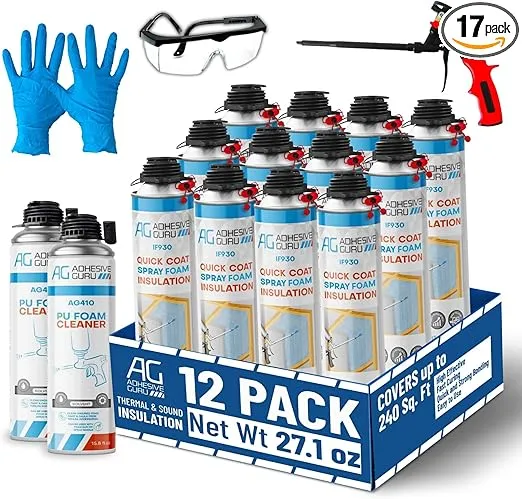 Adhesive Guru Spray Foam Insulation Kit (240 Board feet), Self-Expanding Adhesive Foam, Closed Cell Heat Insulation Foam & Acustic Spray with Foam Cleaner and Dispensing Gun-(12 x 25.36 fl oz/930 gr)