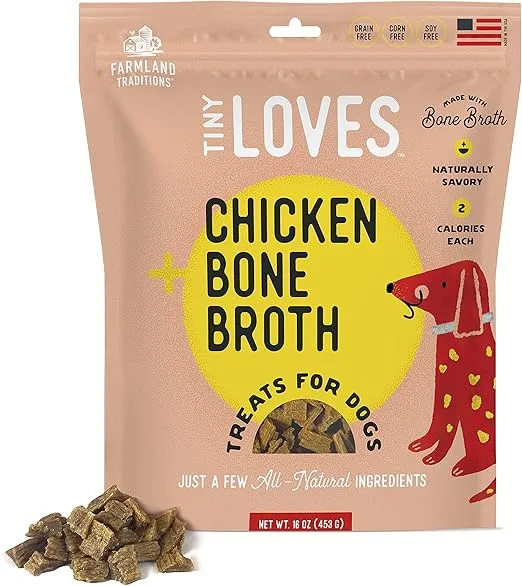 Farmland Traditions Tiny Loves Jerky Trainer Treats for Dogs w/Bone Broth (Chicken, 6 oz.)