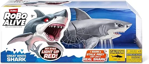 Robo Alive Great White Shark Series 1 by Zuru, Battery-Powered Robotic Light Up Shark Toy, Summer Pool Toy, Bath Toy