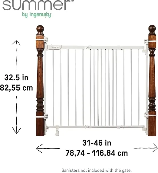 Summer Infant Metal Banister & Stair Safety Pet and Baby Gate,31'-46' Wide, 32.5' Tall, Install Banister to Banister or Wall or Wall to Wall in Doorway or Stairway, Banister and Hardware Mounts -White