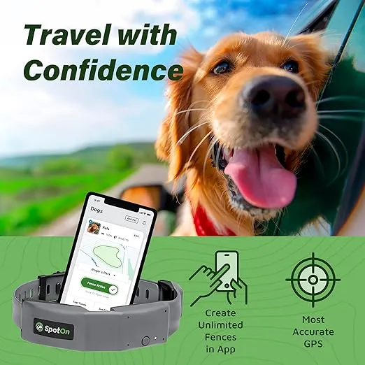 SpotOn Longer Battery Life, GPS Dog Fence, App Based Wireless Dog Fence Collar, Waterproof, Accurate & Reliable GPS Dog Fence System, Virtual Dog GPS Tracker for All Terrain Large/All Carriers