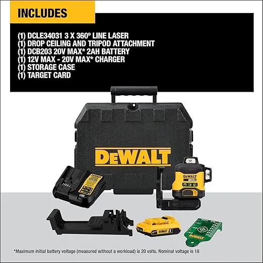 DEWALT 20V MAX Laser Level Kit, Cross Line Laser, 3x360, Green (DCLE34031D1)