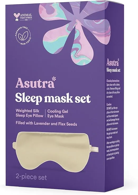 ASUTRA Silk Eye Pillow for Sleep, Champagne - Filled w/Lavender Buds & Flax Seeds, Weighted Eye Mask, Meditation & Light Blocking Blindfold, Cooling Gel Mask Included