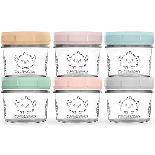 KeaBabies 6pk 4oz Glass Baby Food Containers - Leak-Proof, Microwavable Small Baby Glass Jars with Lids, Baby Food Storage Containers, Baby Snack Containers, BPA-Free Baby Food Jars (Musk Dusk)
