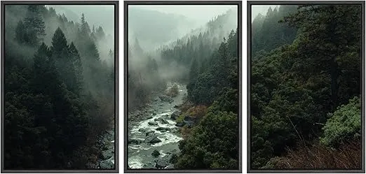 SIGNWIN Cuadros De Pared De Sala, 3 Piece Framed Canvas Wall Art Woodland Nursery Decor Forest Rivers Canvas Prints Home Artwork Decoration for Living Room,Bedroom - 16"x24"x3 Black