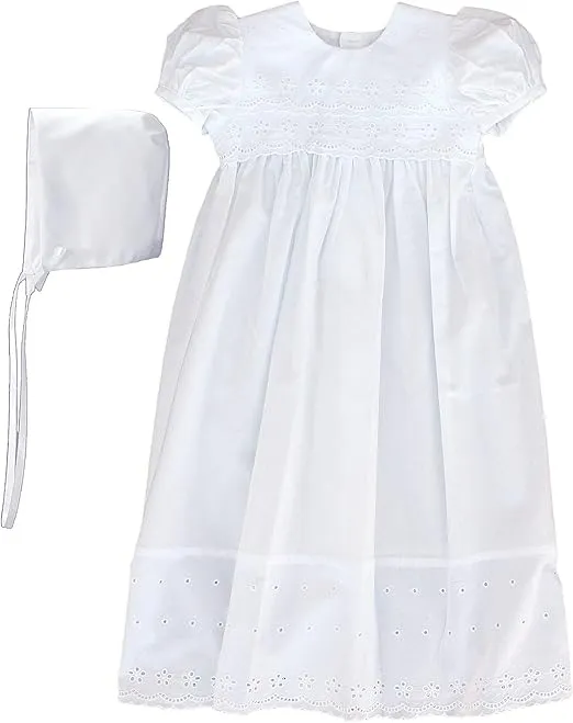 White Cotton Christening Baptism Gown with Lace Border with Bonnet