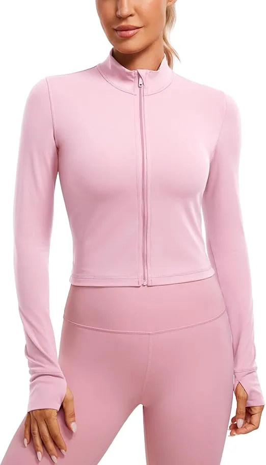 CRZ YOGA Womens Butterluxe Full Zip Cropped Workout Jackets Slim Fit Lightweight Athletic Yoga Jacket with Thumb Holes
