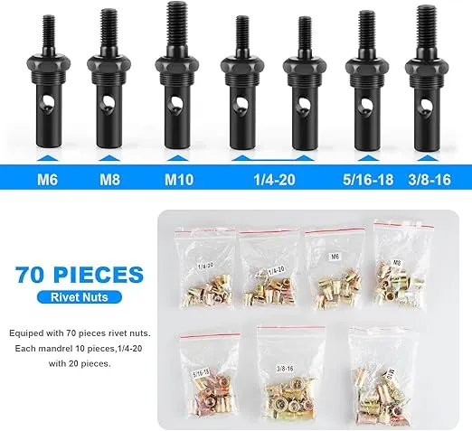 WETOLS Rivet Nut Tool, Hand Rivet with 7 Metric & Inch Mandrels M6 M8 M10, 1/4-20, 5/16-18, 3/8-16, 70pcs Rivnuts and Blow Carry Case, Steel - WE-882