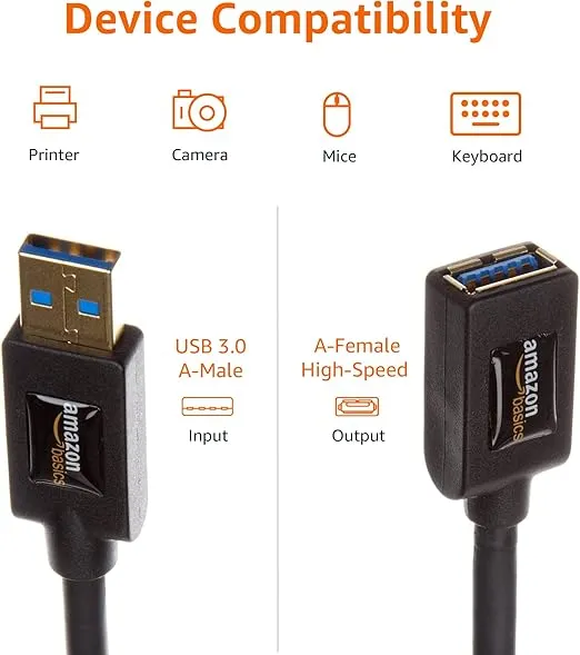 Amazon Basics USB-A 3.0 Extension Cable, 4.8Gbps High-Speed, Male to Female Gold-Plated Connectors, 3 Meters, Black