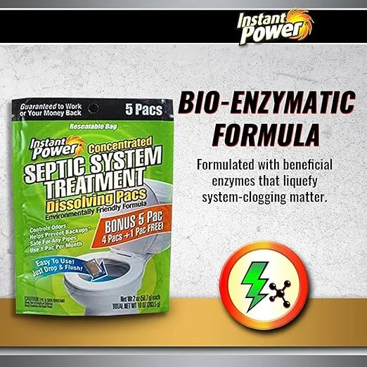Instant Power Concentrated Septic System Treatment Dissolving Pacs, Controls Odors, Safe on Pipes, 5 Pacs