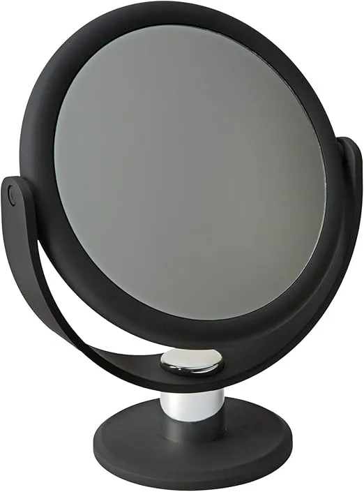 Bath Bliss Double Sided Free Standing Swivel Vanity Mirror, Regular & 10X’s Magnification, Make-up & Shaving Use, Tabletop, Rubberized, Black