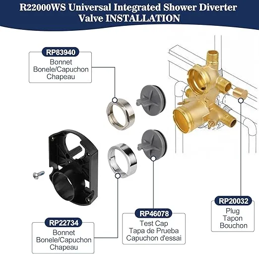 R22000-WS Shower Valve with Diverter 3-Way 6-Way Rough in Valve, R22000-WS Multichoice Universal Rough-In kit with Integrated Diverter, Screwdriver Stops Included, Brass Body