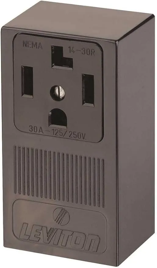 Leviton 55054 30 Amp, 125/250 Volt, NEMA 14-30R, 3P, 4W, Surface Mounting Receptacle, Straight Blade, Industrial Grade, Grounding, , Side Wired, Steel Strap, Black