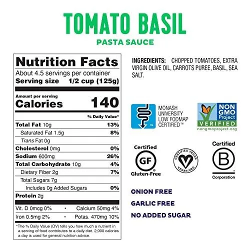 Fody Foods Tomato Basil Pasta Sauce, 19.4 Ounces, Low Fodmap Certified, Sensitive Recipe & Gut Friendly, Premium Quality Ingredients, Non-GMO, Pack of 3, Packaging May Vary