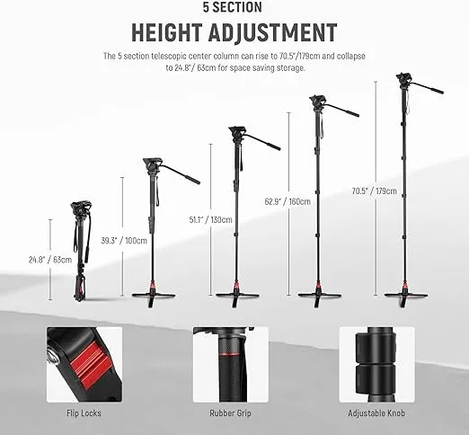 NEEWER Professional Camera Monopod with Feet, 70.5"/179cm Telescopic Portable Aluminum Travel Monopod with Pan Tilt Fluid Head and Removable Tripod Base for DSLR Camera Camcorder, Max Load 13.2lb/6Kg