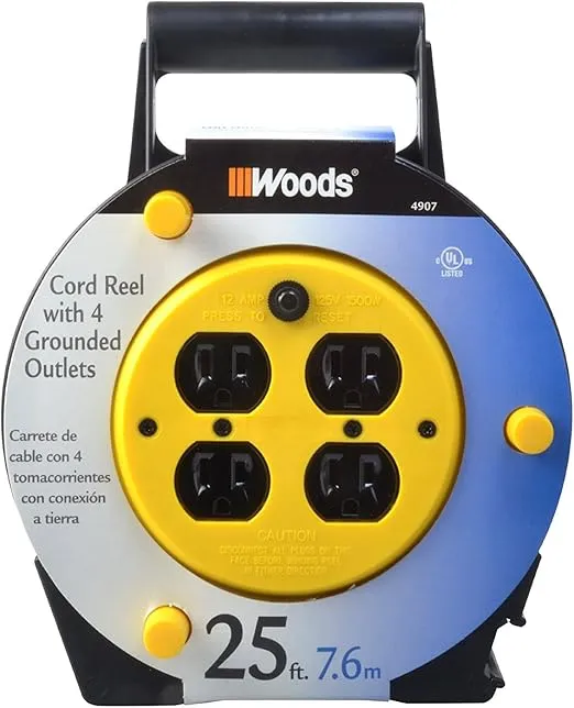Woods Light Duty Extension Cord Reel, 25Ft, 16 Gauge, 3 Conductor, 4-Outlets, 12A Circuit Breaker, Yellow/Black, 4907