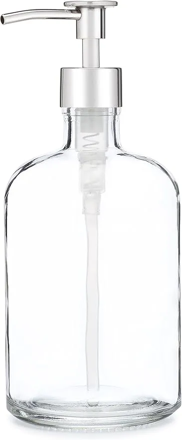 Rail19 Clear Recycled Glass Soap Dispenser with Metal Pump - Lotion, Liquid Soap & Essential Oil for Kitchen and Bathroom, 13.5oz (Chrome Luxe)